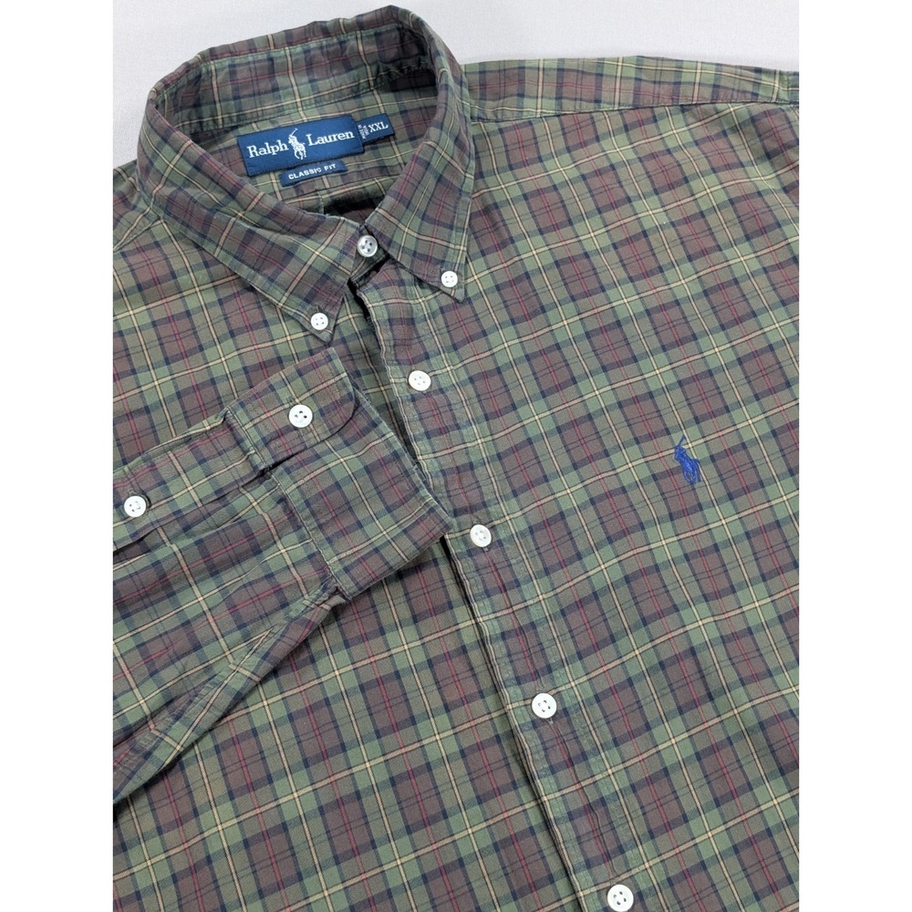 Ralph Lauren Shirt Mens XXL Olive Green Brown Tartan Plaid Pony Logo Long Sleeve